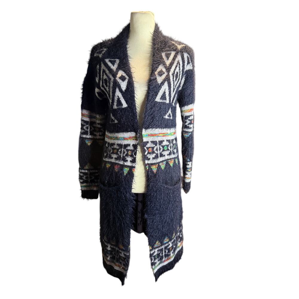 Sequin Hearts Fuzzy Aztec Longline Cardigan, Geometric Rainbow, Size Medium